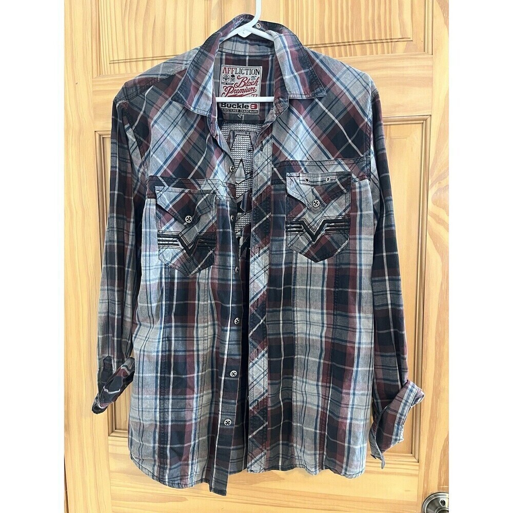 Affliction Black Premium Men’s L Long Sleeve Plaid Shirt Button Up Motorcycle